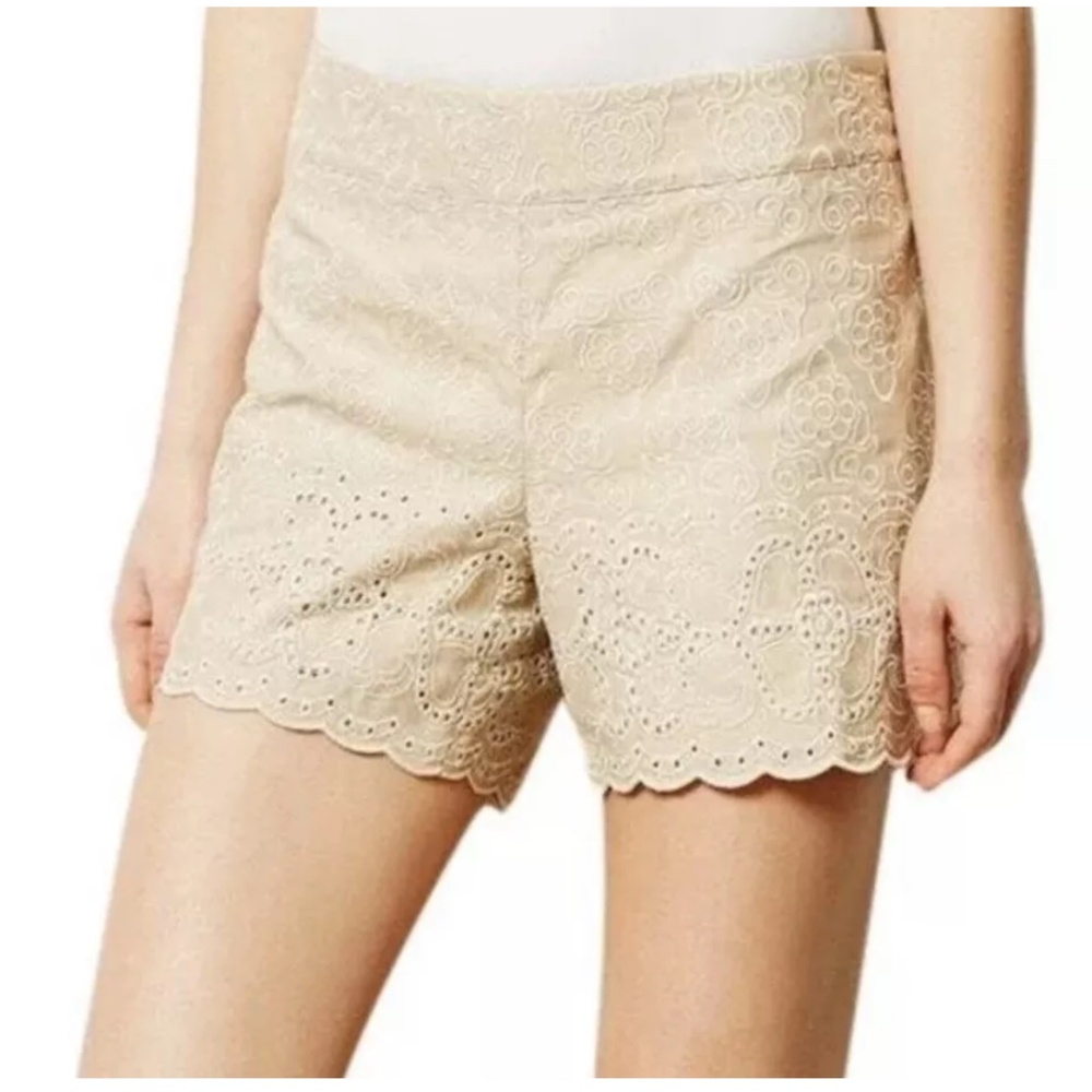 Elevenses Anthropologie Summer Dress Lined Eyelet Lace Scalloped Tan Shorts sz 2